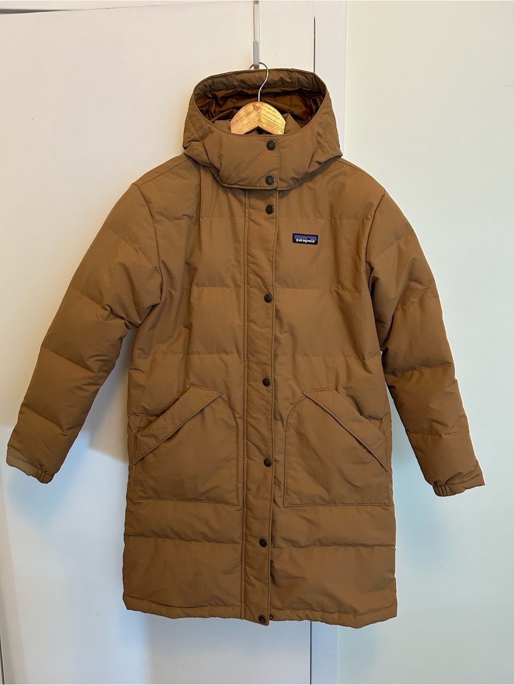 Patagonia Downdrift Parka hooded puffer tan size small